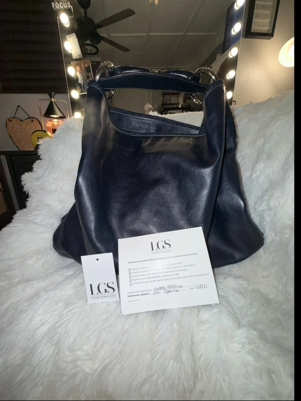 Gucci Navy Blue Horsebit Hobo Women’s Leather Hobo Bag with Gold Tone Hardware